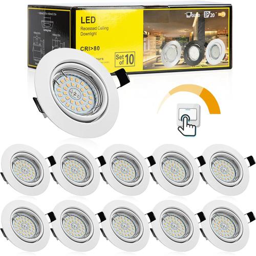 Spot LED Encastrable Dimmable Orientable 220V, 10x 6W Luminaires Encastrés Blanc Matt GU10 Eqv.54W, Spot Encastré Blanc Chaud 2700K 600LM 82Ra, Plafonnier Encastré IP20, Spot de Plafond