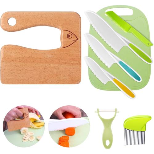 Motif Fisch Lot De 8 Couteaux De Cuisine Pour Enfants - Pour Couper Et Cuire Des Fruits Ou Légumes - Avec Couteau En Bois, Planche À Découper Et Éplucher (Poisson)