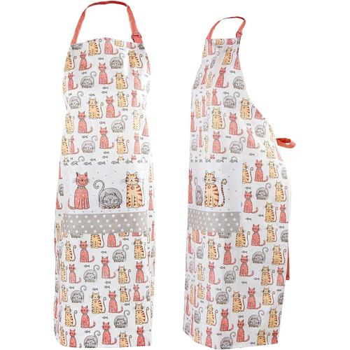 Tablier Cuisine avec Mignon Chat Imprimé pour Chef Cuisinier Femme Homme, 100% Coton, Réglable au Grand Poche, Idée Cadeaux pour les Amoureux des Chats 95x70cm