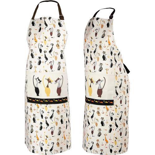 Tablier Cuisine avec Mignon Noir Chat Imprimé pour Chef Cuisinier Femme Homme, 100% Coton, Réglable au Grand Poche, Idée Cadeaux pour Les Amoureux des Chats 95x70cm