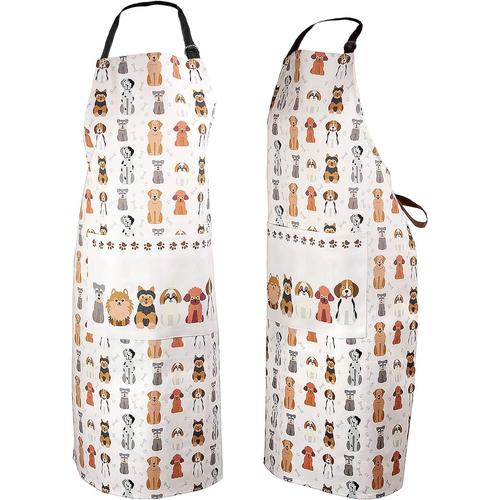 Tablier Cuisine Avec Mignon Chien Imprimé Pour Chef Cuisinier Femme Homme, 100% Coton, Réglable Au Grand Poche, Idées Cadeau Pour Les Amoureux Des Chiens 95x70cm