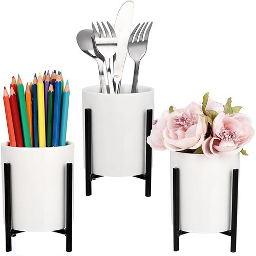 Noir 3pcs Pot À Ustensiles En Céramique Porte-Ustensiles De Cuisine Avec Support En Métal Doré Porte-Crayons Organisateur Pour Couverts, Stylos, Pinceaux De Maquillage, Bouquet De Fleurs (Noir)