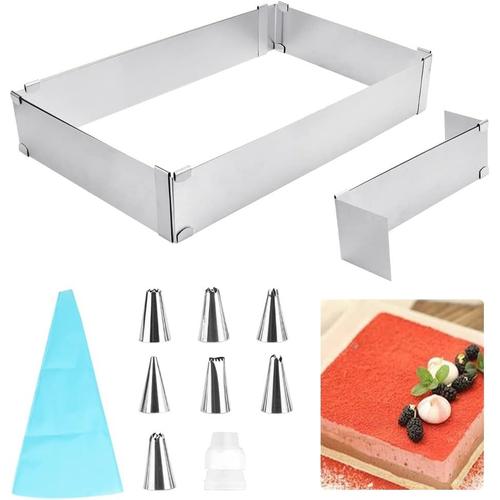 Argent Cadre Patisserie Rectangulaire En Inox Cadre Rectangulaire Réglable Cadre De Cuisson Rectangulaire Cadre À Patisserie Extensible Avec 7 Douille Patisserie Poche Et 1 Adaptateur De Bouche