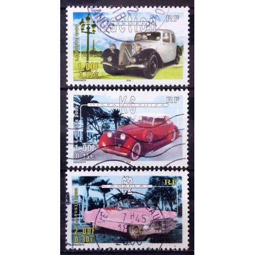Voitures Anciennes - Citroen Traction 1,00 (N° 3318) + Hispano-Suiza K6 - 1,00 (N° 3321) + Cadillac 62 - 2,00 (N° 3323) Obl - France Année 2000 - N27313