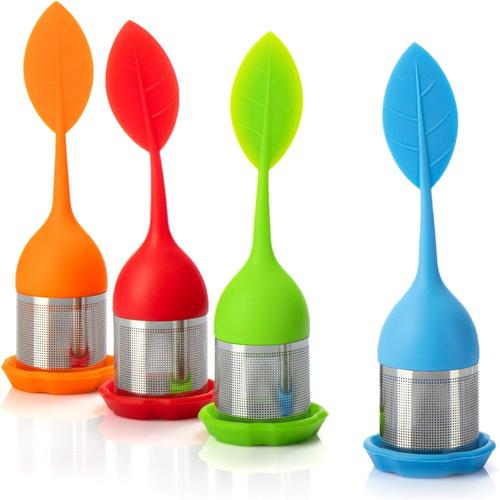 04 Pièces - Feuille 2 Vert Orange Bleu Rouge ® 4x Infuser À Thé En Acier Inoxydable Et Silicone - Passoire À Thé Avec Couvercle Et Soucoupe - Boule À Thé (04 Pièces - Feuille 2 Vert Orange