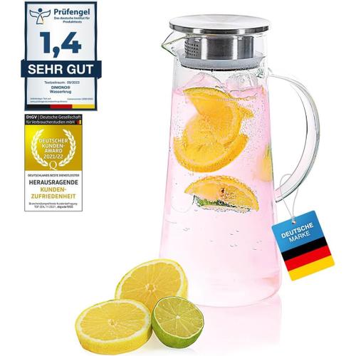 Pichet D'eau Pichet D'eau 1,5 Litre, Pichet En Verre Avec Filtre Et Couvercle En Acier Inoxydable Carafe À Boisson Carafe En Verre Avec Poignée