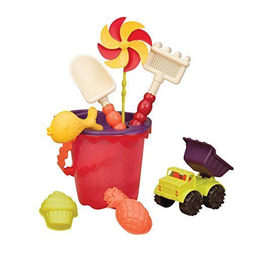 B Toys A¿ Sands Ahoy A¿ Beach Playset - Medium Bucket Set (Mango) With 9 Unique Sand & Water Toys A¿Phthalates And Bpa Free A¿ 18 M+