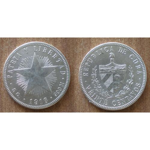 Cuba 20 Centavos 1916 Star Argent Centavo Pesos Peso