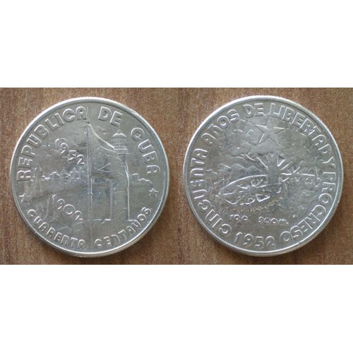 Cuba 40 Centavos 1952 Commemoratif 50 Ans Progres Et Liberte Argent Piece Caraibe Silver