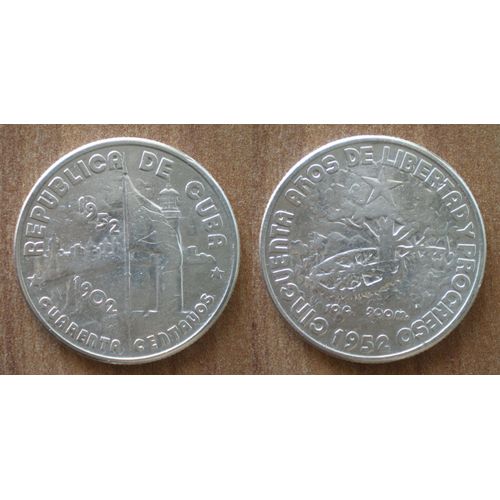 Cuba 40 Centavos 1952 Commemoratif 50 Ans Progres Et Liberte Argent Piece Caraibe Silver