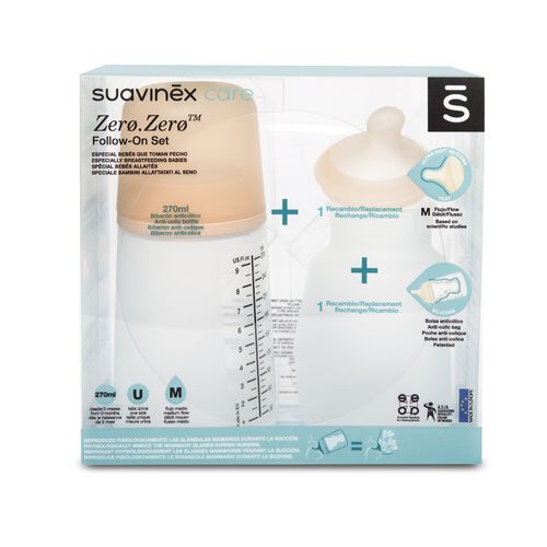 Pack Biberon Zerø.Zerø Débit Moyen + Tétine + Poche Silicone - Peau - 270ml