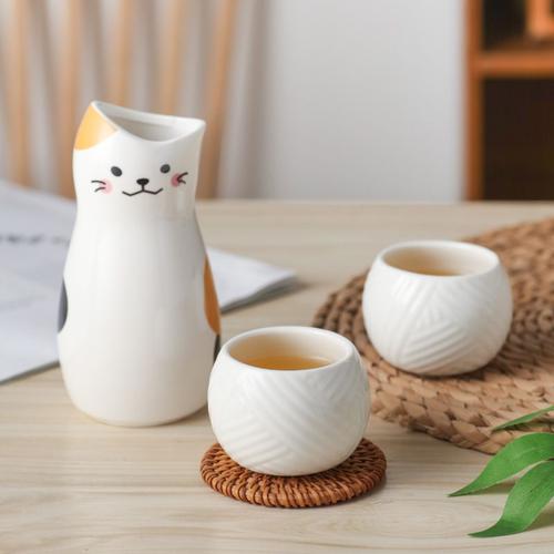 Ensemble De Saké En Céramique Maneki Neko, Ensemble De Vin Chat Porte-Bonheur Japonais, 1 Bouteille Tokkuri, 300ml, 2 Verres À Vin Ochoko Standardisés, Ensemble De Bar Mignon, 3 Pièces