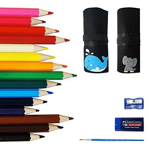 Ooku Chunky Kids Colored Pencils 15 Piece - Chubby Easy Holding - Easy To Hold Draw Kids - Bonus Pencil Wrap Mini Eraser Pencil Sharpener Full 18 Piece Kit - Baby Elephant Style