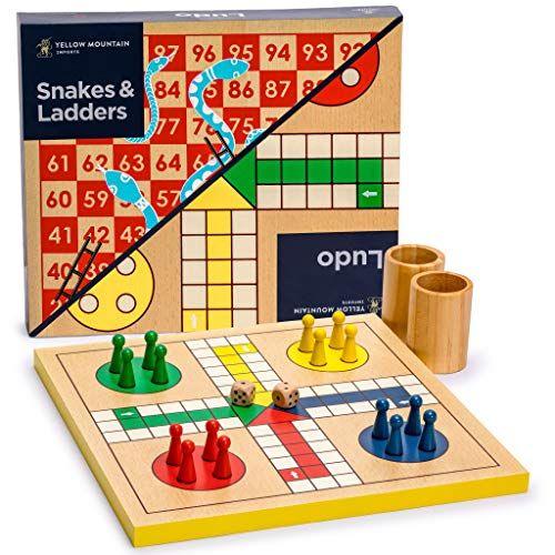 Yellow Mountain Imports 2-In-1 Reversible Wooden Snakes And Ladders Ludo Game Set