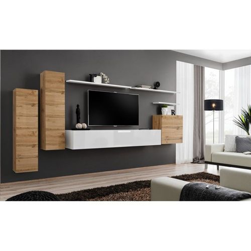 Meuble Tv Mural Design "Switch I" 330cm Naturel & Blanc