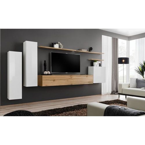 Meuble Tv Mural Design "Switch I" 330cm Blanc & Naturel