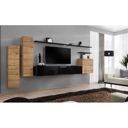 Meuble Tv Mural Design "Switch I" 330cm Naturel & Noir