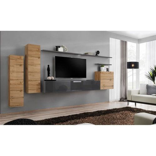 Meuble Tv Mural Design "Switch I" 330cm Naturel & Gris