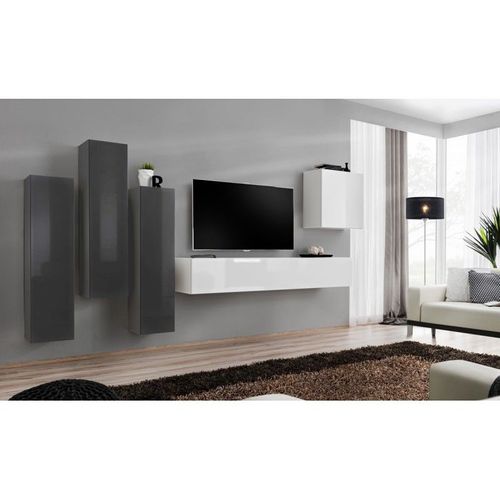 Meuble Tv Mural Design "Switch Iii" 330cm Gris & Blanc