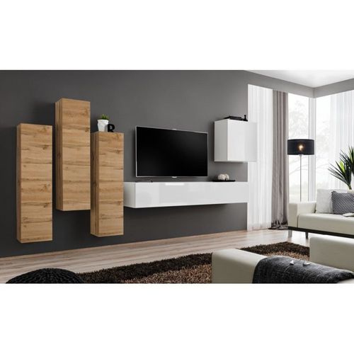 Meuble Tv Mural Design "Switch Iii" 330cm Naturel & Blanc
