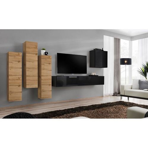 Meuble Tv Mural Design "Switch Iii" 330cm Naturel & Noir
