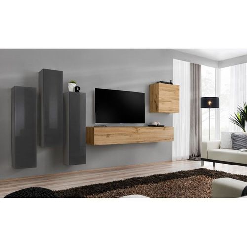 Meuble Tv Mural Design "Switch Iii" 330cm Gris & Naturel