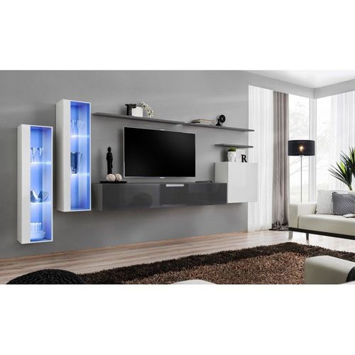 Meuble Tv Mural Design "Switch Xi" 330cm Blanc & Gris