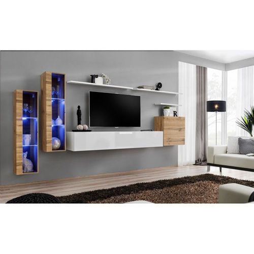 Meuble Tv Mural Design "Switch Xi" 330cm Naturel & Blanc