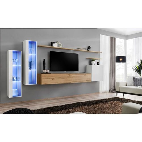 Meuble Tv Mural Design "Switch Xi" 330cm Blanc & Naturel