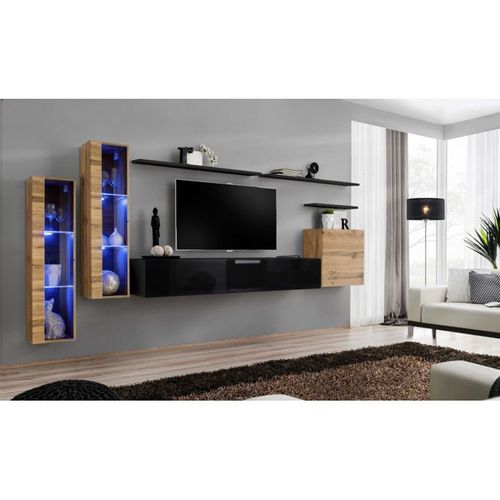 Meuble Tv Mural Design "Switch Xi" 330cm Naturel & Noir