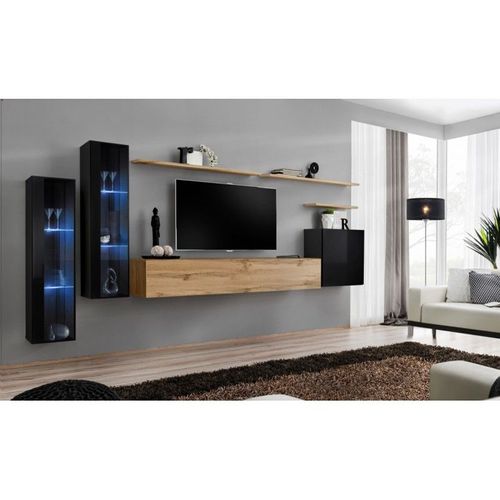 Meuble Tv Mural Design "Switch Xi" 330cm Noir & Naturel
