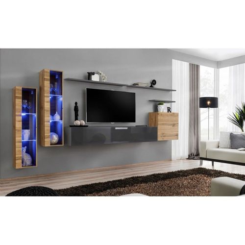 Meuble Tv Mural Design "Switch Xi" 330cm Naturel & Gris