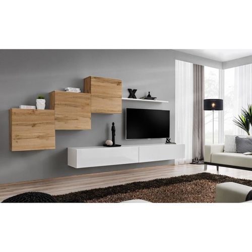 Meuble Tv Mural Design "Switch X" 330cm Naturel & Blanc