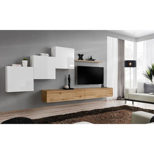 Meuble Tv Mural Design "Switch X" 330cm Blanc & Naturel