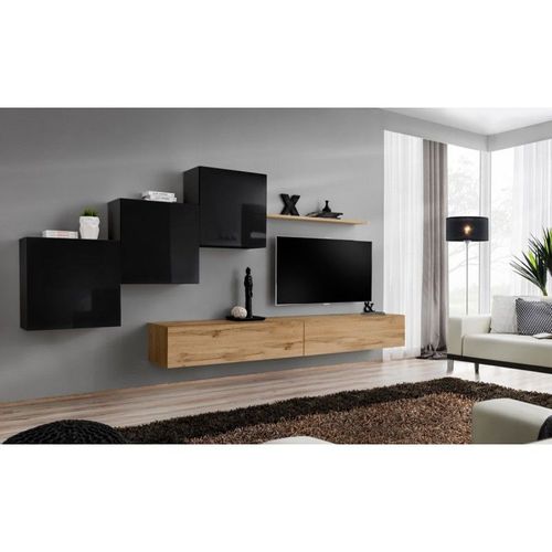 Meuble Tv Mural Design "Switch X" 330cm Noir & Naturel