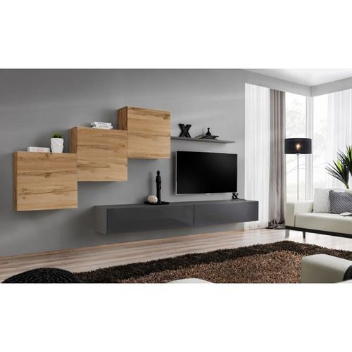 Meuble Tv Mural Design "Switch X" 330cm Naturel & Gris