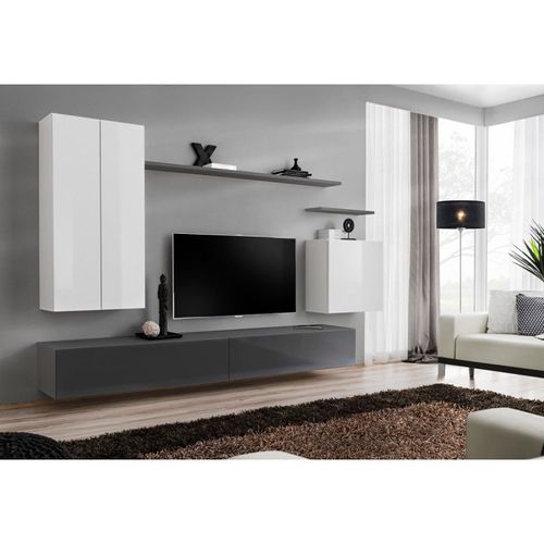 Meuble Tv Mural Design "Switch Ii" 270cm Blanc & Gris
