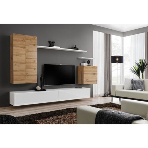 Meuble Tv Mural Design "Switch Ii" 270cm Naturel & Blanc