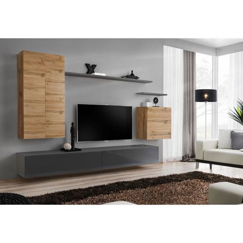 Meuble Tv Mural Design "Switch Ii" 270cm Naturel & Gris