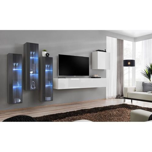 Meuble Tv Mural Design "Switch Xiii" 330cm Blanc & Gris