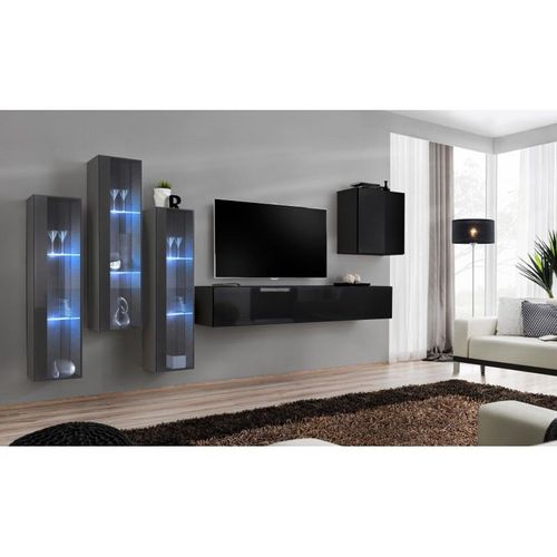 Meuble Tv Mural Design "Switch Xiii" 330cm Gris & Noir