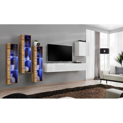 Meuble Tv Mural Design "Switch Xiii" 330cm Blanc & Naturel