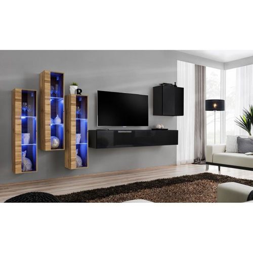 Meuble Tv Mural Design "Switch Xiii" 330cm Noir & Naturel