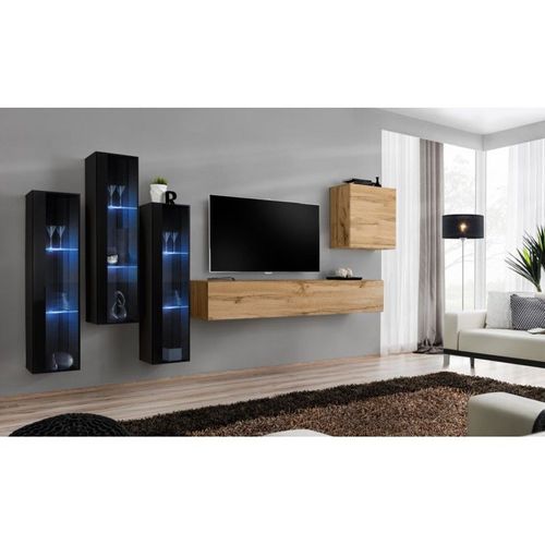 Meuble Tv Mural Design "Switch Xiii" 330cm Naturel & Noir