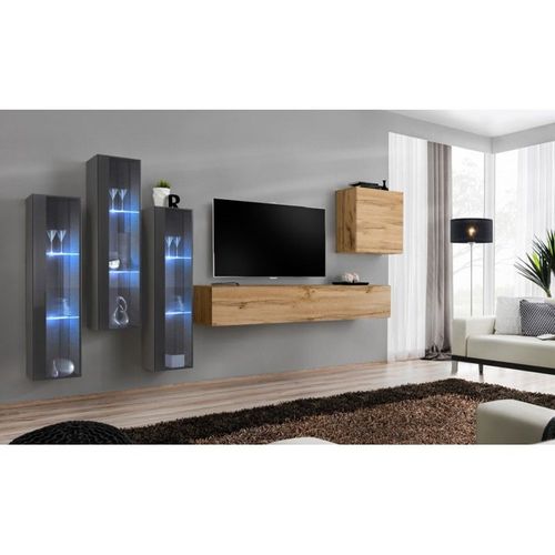 Meuble Tv Mural Design "Switch Xiii" 330cm Naturel & Gris
