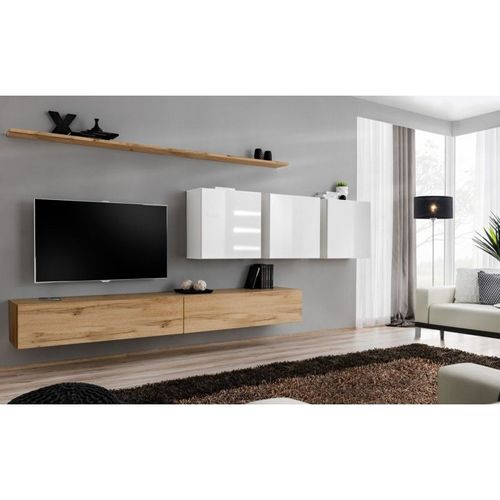 Meuble Tv Mural Design "Switch Vii" 340cm Naturel & Blanc