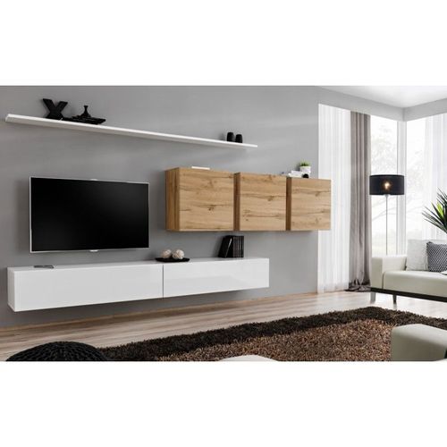 Meuble Tv Mural Design "Switch Vii" 340cm Blanc & Naturel