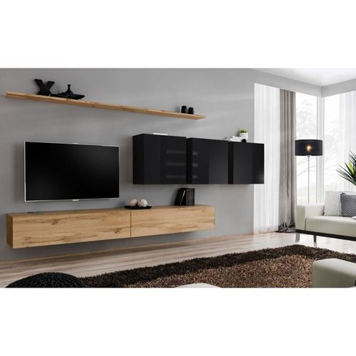 Meuble Tv Mural Design "Switch Vii" 340cm Naturel & Noir