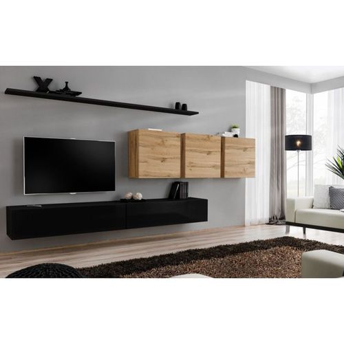 Meuble Tv Mural Design "Switch Vii" 340cm Noir & Naturel