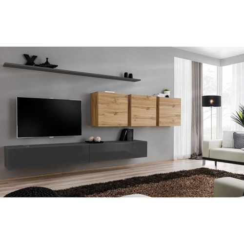 Meuble Tv Mural Design "Switch Vii" 340cm Gris & Naturel